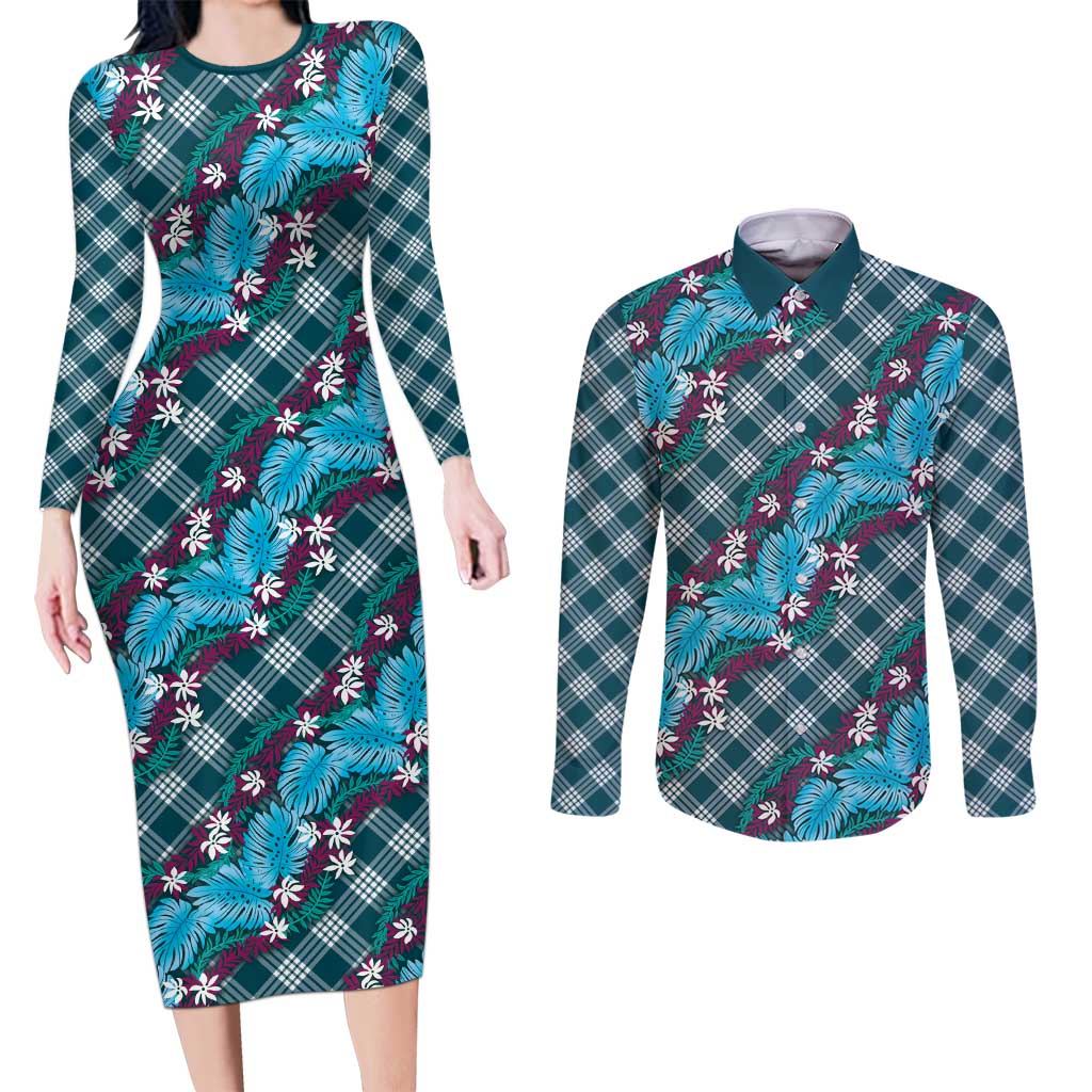 Polynesian Monstera Tiare Floral Couples Matching Long Sleeve Bodycon Dress and Long Sleeve Button Shirt Dark Teal Tropical Plaid LT01 Teal - Polynesian Pride