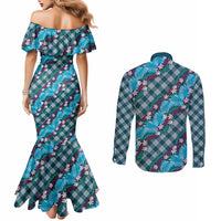 Polynesian Monstera Tiare Floral Couples Matching Mermaid Dress and Long Sleeve Button Shirt Dark Teal Tropical Plaid - Polynesian Pride
