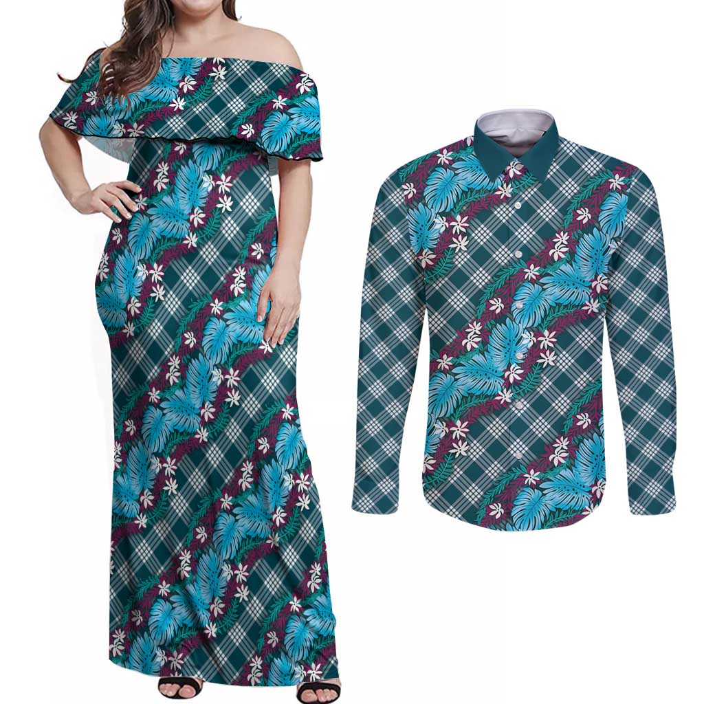 Polynesian Monstera Tiare Floral Couples Matching Off Shoulder Maxi Dress and Long Sleeve Button Shirt Dark Teal Tropical Plaid - Polynesian Pride