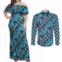 Polynesian Monstera Tiare Floral Couples Matching Off Shoulder Maxi Dress and Long Sleeve Button Shirt Dark Teal Tropical Plaid - Polynesian Pride