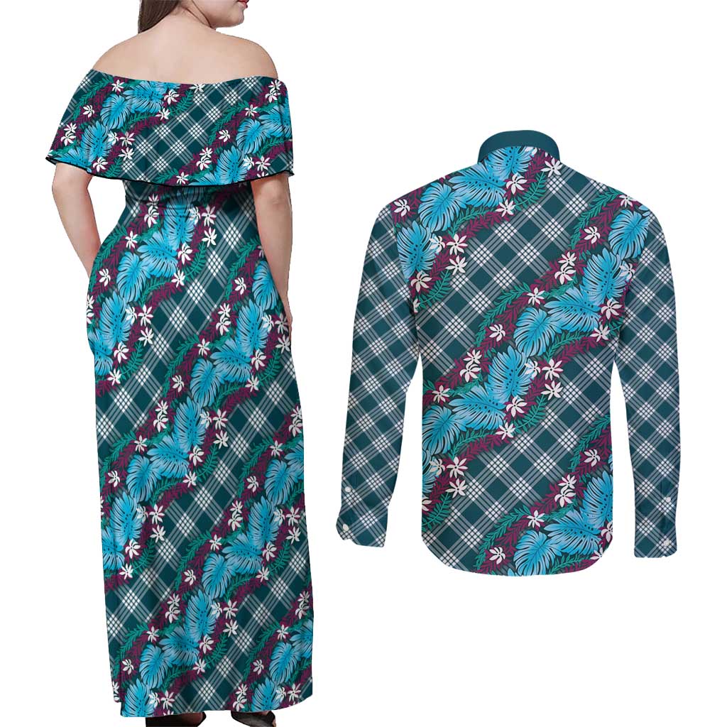 Polynesian Monstera Tiare Floral Couples Matching Off Shoulder Maxi Dress and Long Sleeve Button Shirt Dark Teal Tropical Plaid - Polynesian Pride
