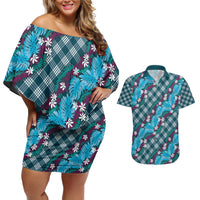 Polynesian Monstera Tiare Floral Couples Matching Off Shoulder Short Dress and Hawaiian Shirt Dark Teal Tropical Plaid - Polynesian Pride