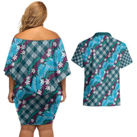 Polynesian Monstera Tiare Floral Couples Matching Off Shoulder Short Dress and Hawaiian Shirt Dark Teal Tropical Plaid - Polynesian Pride