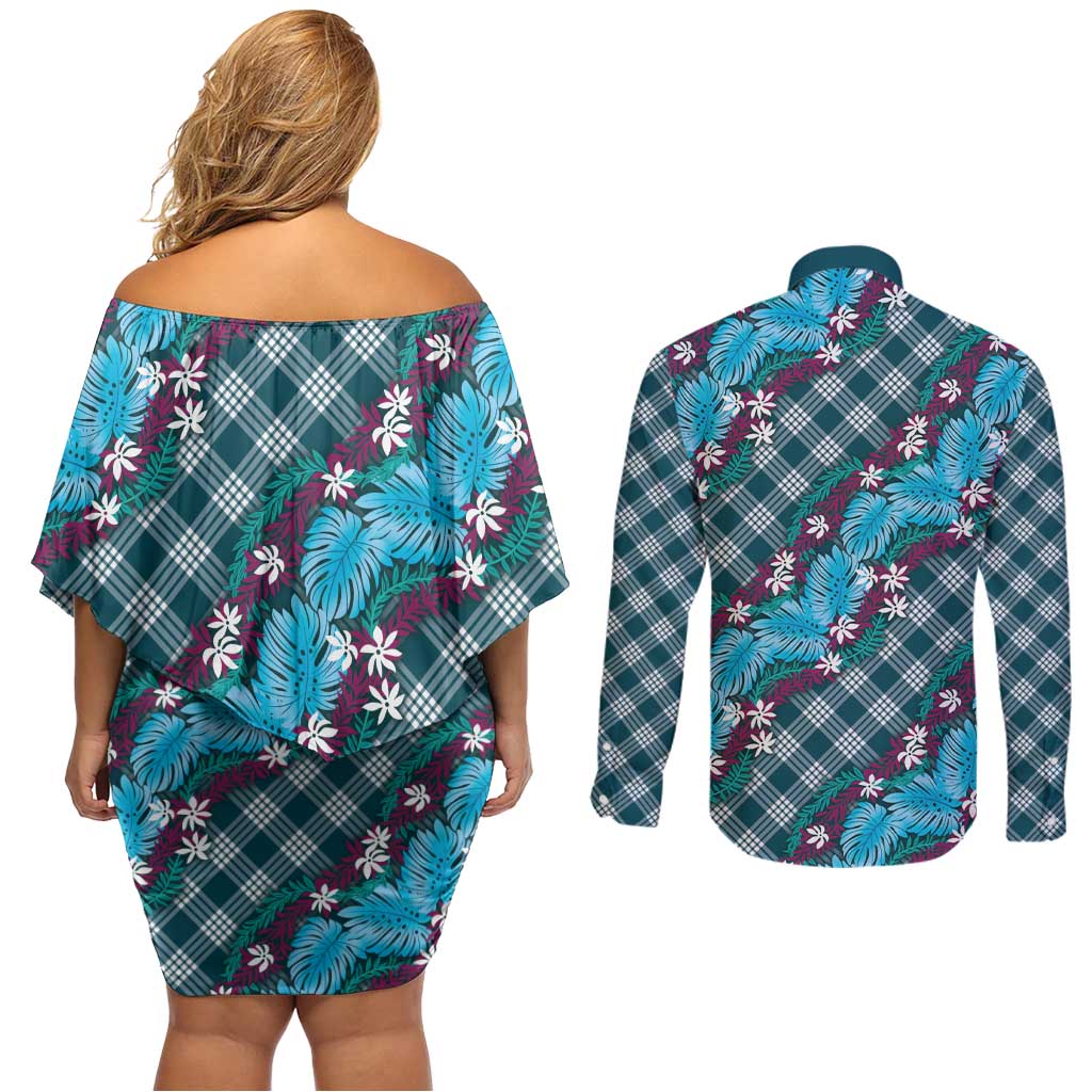 Polynesian Monstera Tiare Floral Couples Matching Off Shoulder Short Dress and Long Sleeve Button Shirt Dark Teal Tropical Plaid - Polynesian Pride