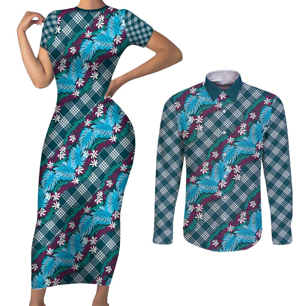Polynesian Monstera Tiare Floral Couples Matching Short Sleeve Bodycon Dress and Long Sleeve Button Shirt Dark Teal Tropical Plaid LT01 Teal - Polynesian Pride