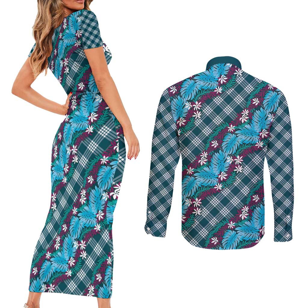 Polynesian Monstera Tiare Floral Couples Matching Short Sleeve Bodycon Dress and Long Sleeve Button Shirt Dark Teal Tropical Plaid - Polynesian Pride