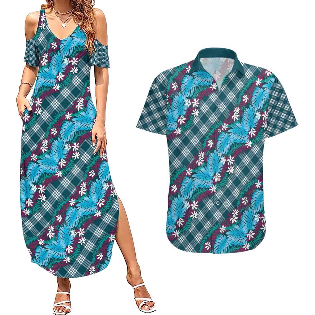 Polynesian Monstera Tiare Floral Couples Matching Summer Maxi Dress and Hawaiian Shirt Dark Teal Tropical Plaid - Polynesian Pride