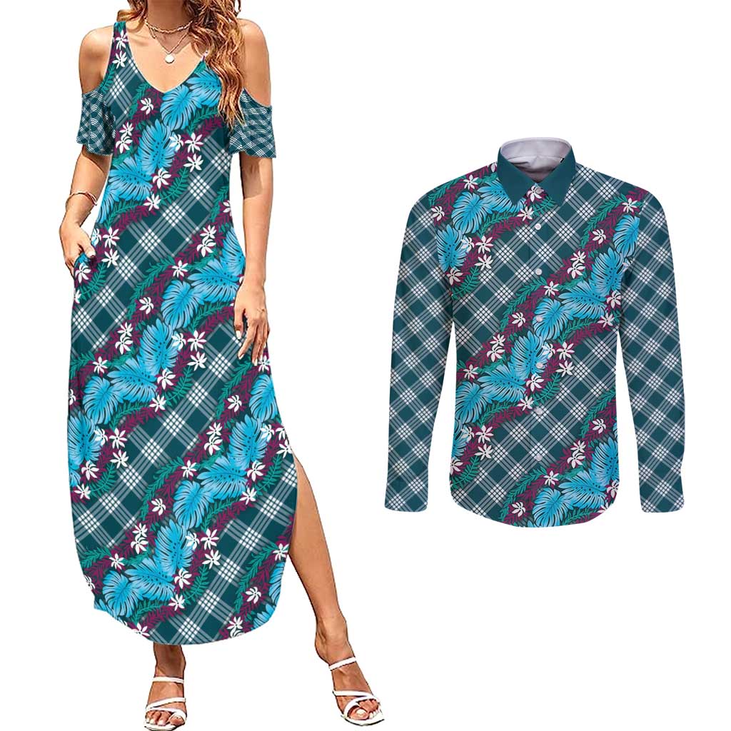 Polynesian Monstera Tiare Floral Couples Matching Summer Maxi Dress and Long Sleeve Button Shirt Dark Teal Tropical Plaid LT01 Teal - Polynesian Pride