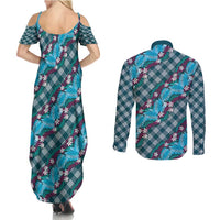 Polynesian Monstera Tiare Floral Couples Matching Summer Maxi Dress and Long Sleeve Button Shirt Dark Teal Tropical Plaid - Polynesian Pride
