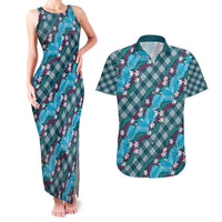 Polynesian Monstera Tiare Floral Couples Matching Tank Maxi Dress and Hawaiian Shirt Dark Teal Tropical Plaid - Polynesian Pride