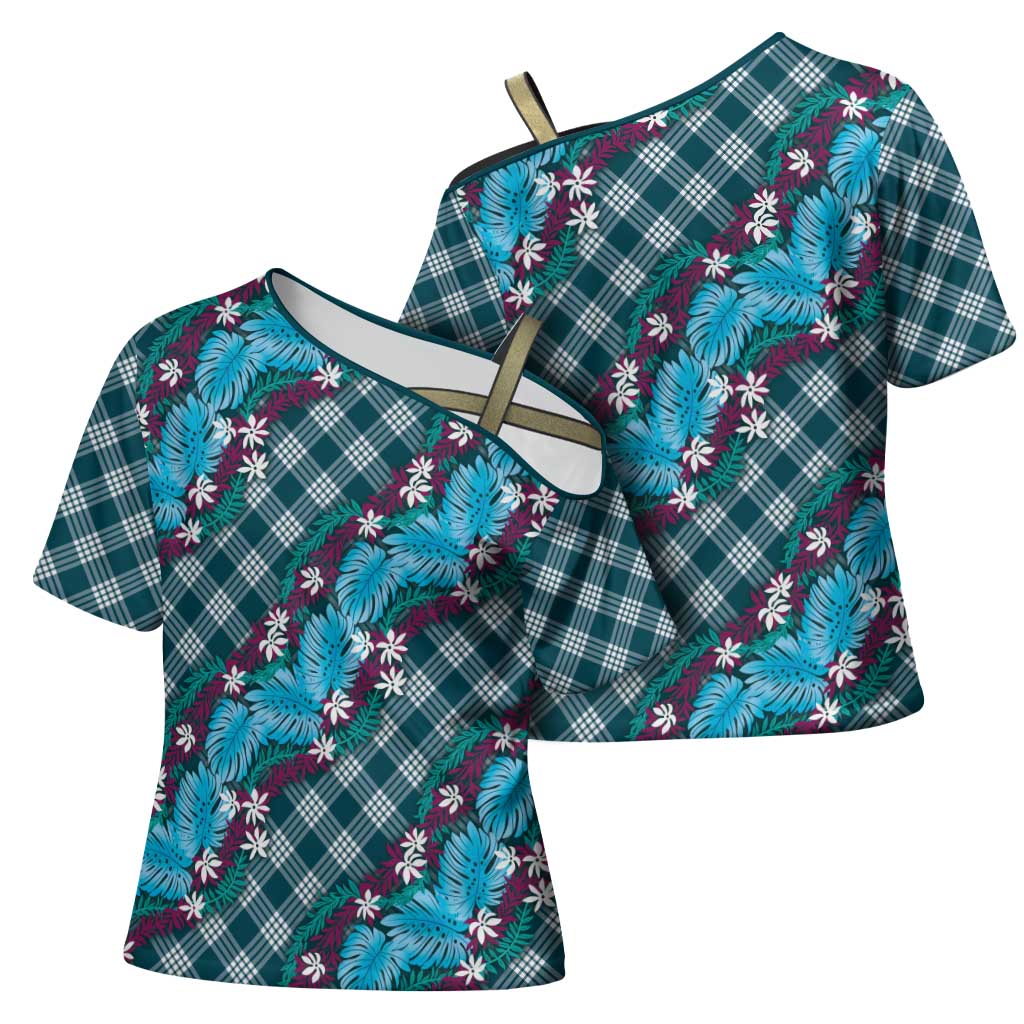 Polynesian Monstera Tiare Floral Cross Shoulder Shirt Dark Teal Tropical Plaid - Polynesian Pride