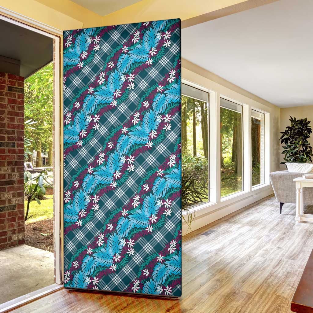 Polynesian Monstera Tiare Floral Door Cover Dark Teal Tropical Plaid - Polynesian Pride