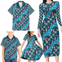 Polynesian Monstera Tiare Floral Family Matching Long Sleeve Bodycon Dress and Hawaiian Shirt Dark Teal Tropical Plaid - Polynesian Pride