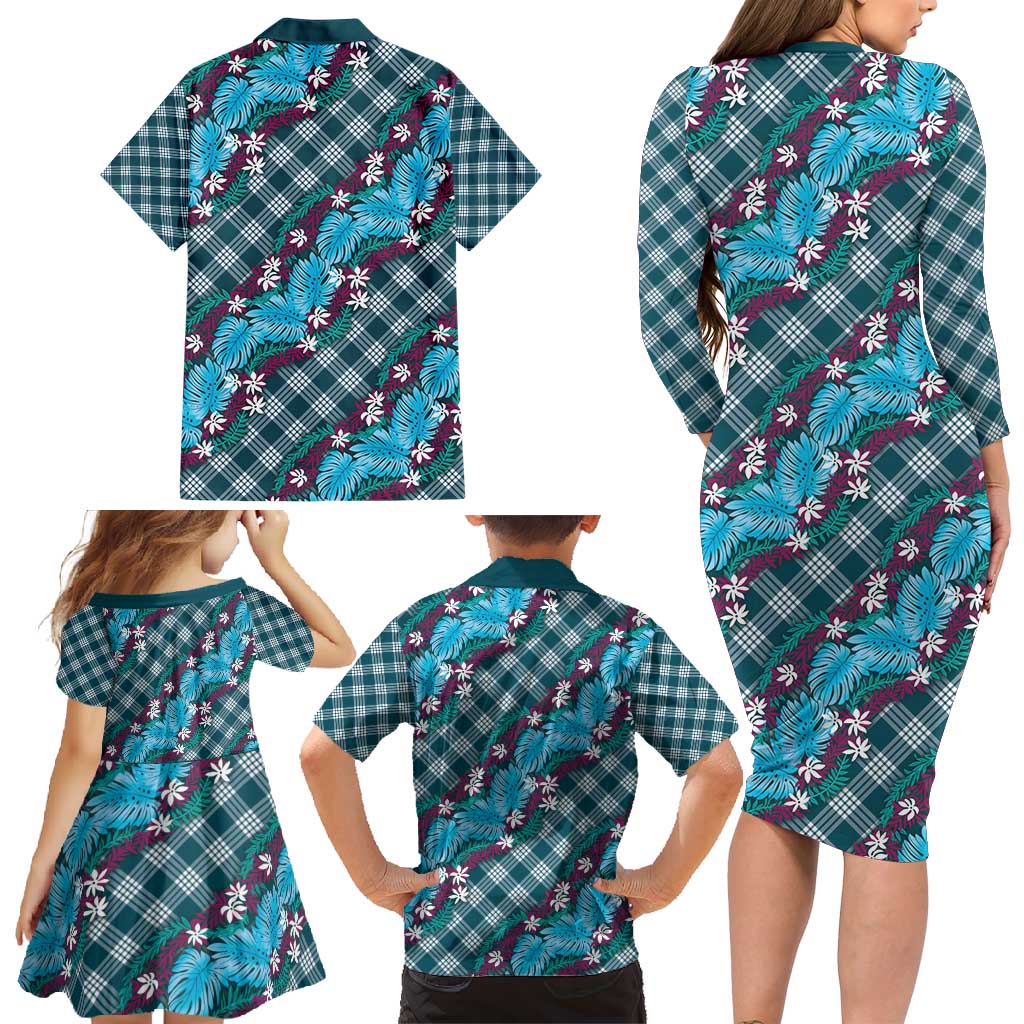 Polynesian Monstera Tiare Floral Family Matching Long Sleeve Bodycon Dress and Hawaiian Shirt Dark Teal Tropical Plaid - Polynesian Pride