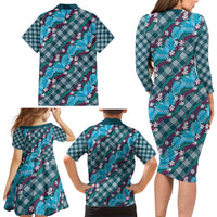 Polynesian Monstera Tiare Floral Family Matching Long Sleeve Bodycon Dress and Hawaiian Shirt Dark Teal Tropical Plaid - Polynesian Pride
