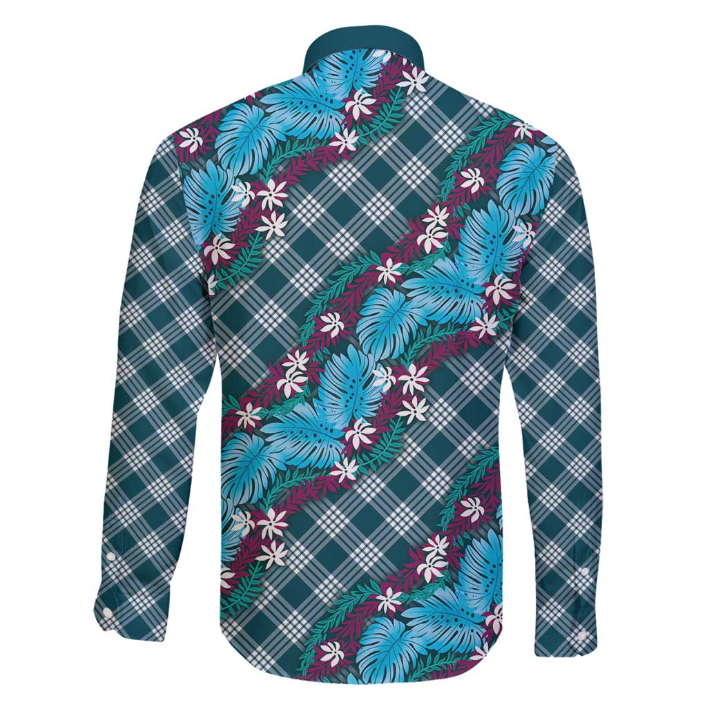 Polynesian Monstera Tiare Floral Family Matching Long Sleeve Bodycon Dress and Hawaiian Shirt Dark Teal Tropical Plaid - Polynesian Pride