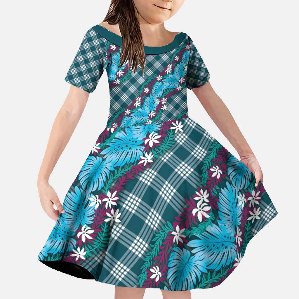 Polynesian Monstera Tiare Floral Family Matching Mermaid Dress and Hawaiian Shirt Dark Teal Tropical Plaid - Polynesian Pride