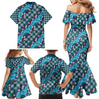 Polynesian Monstera Tiare Floral Family Matching Mermaid Dress and Hawaiian Shirt Dark Teal Tropical Plaid - Polynesian Pride