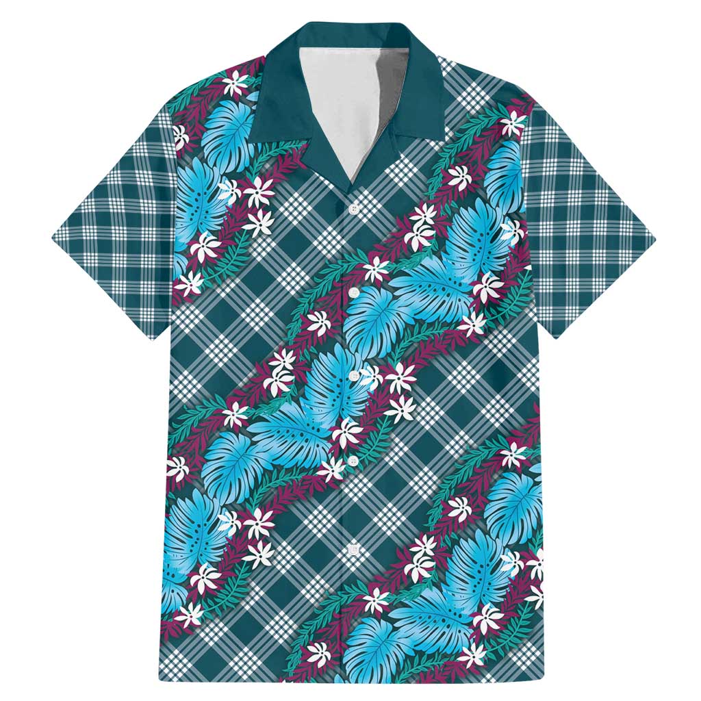Polynesian Monstera Tiare Floral Family Matching Mermaid Dress and Hawaiian Shirt Dark Teal Tropical Plaid - Polynesian Pride