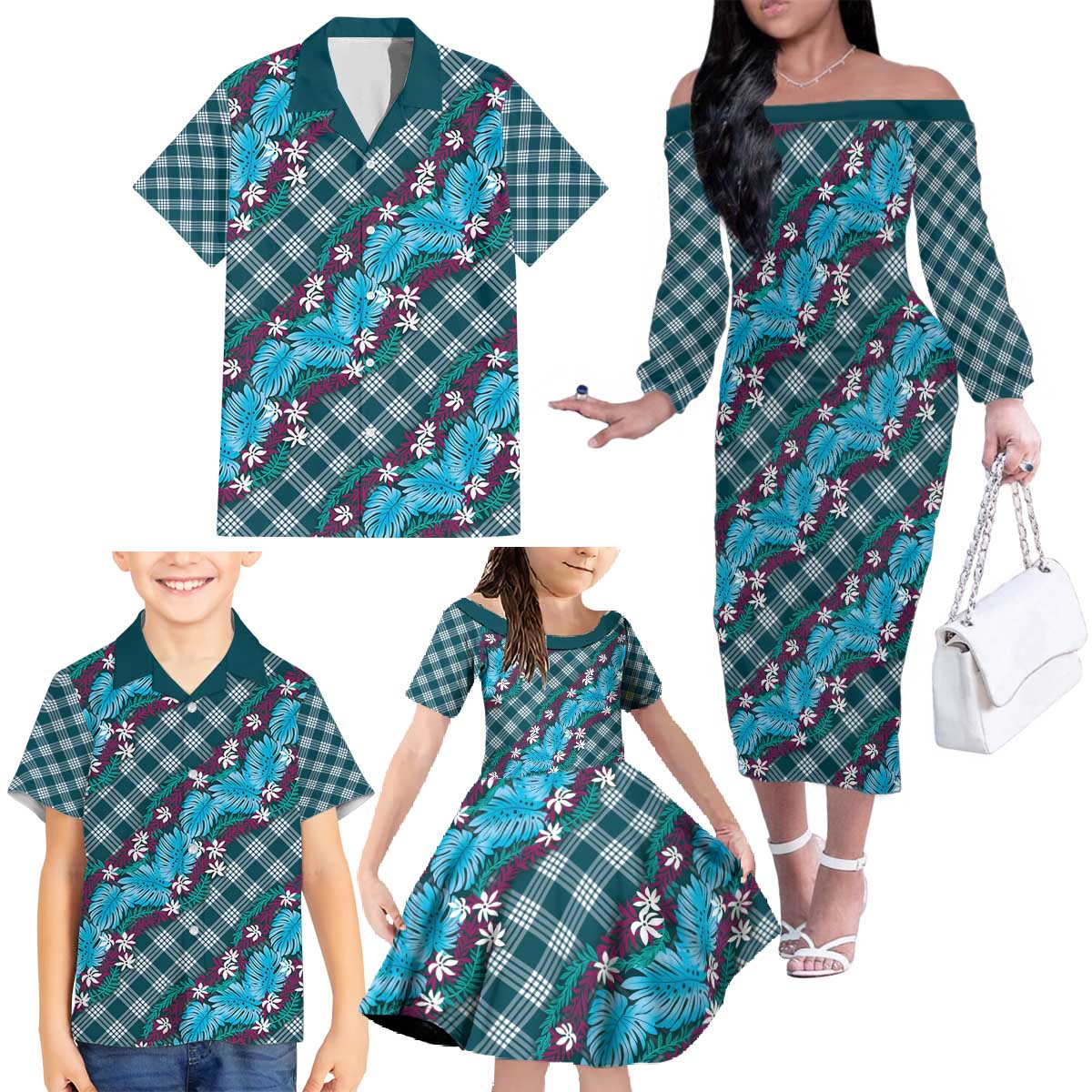 Polynesian Monstera Tiare Floral Family Matching Off The Shoulder Long Sleeve Dress and Hawaiian Shirt Dark Teal Tropical Plaid - Polynesian Pride