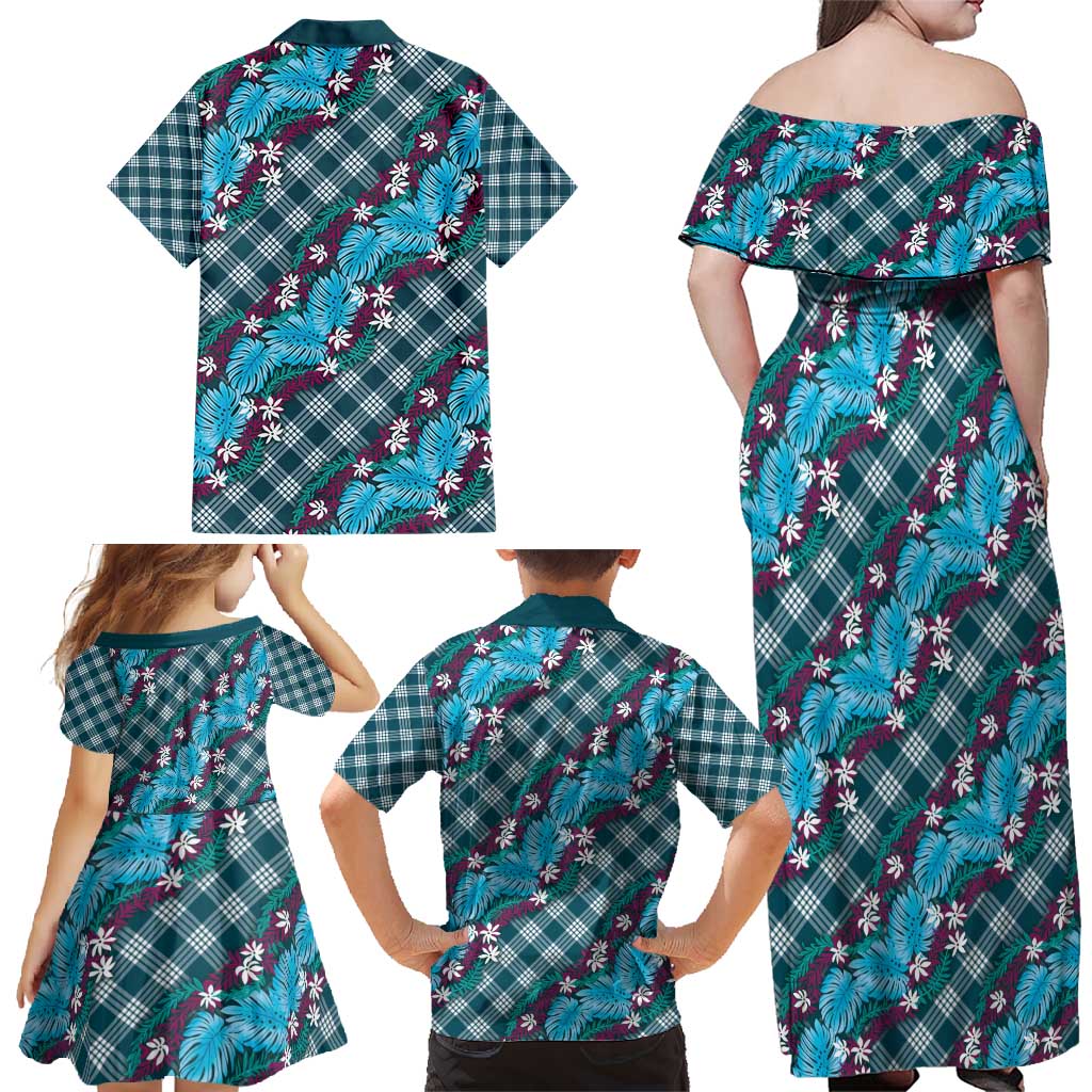 Polynesian Monstera Tiare Floral Family Matching Off Shoulder Maxi Dress and Hawaiian Shirt Dark Teal Tropical Plaid - Polynesian Pride