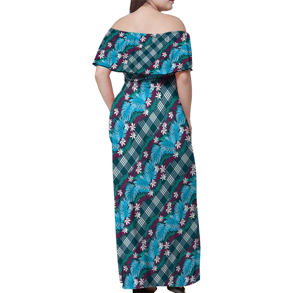 Polynesian Monstera Tiare Floral Family Matching Off Shoulder Maxi Dress and Hawaiian Shirt Dark Teal Tropical Plaid - Polynesian Pride