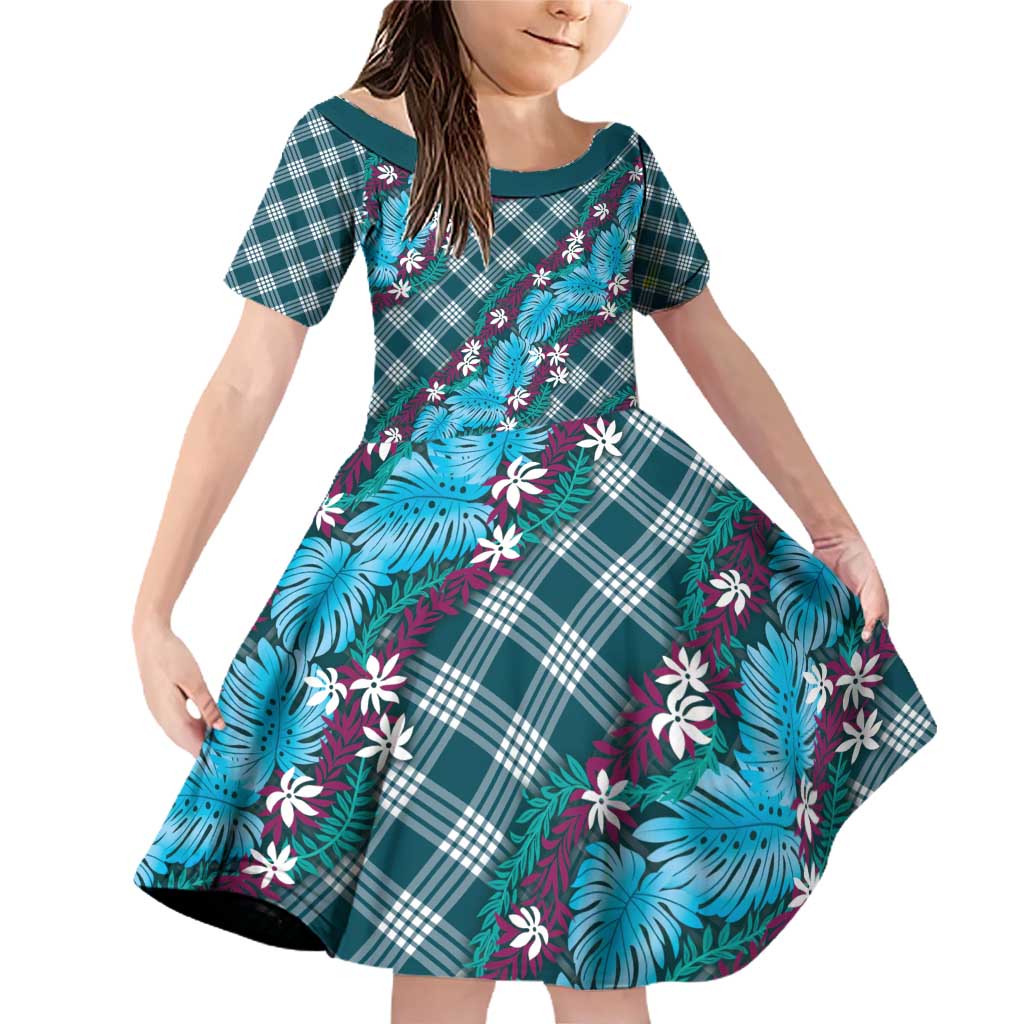 Polynesian Monstera Tiare Floral Family Matching Off Shoulder Short Dress and Hawaiian Shirt Dark Teal Tropical Plaid - Polynesian Pride