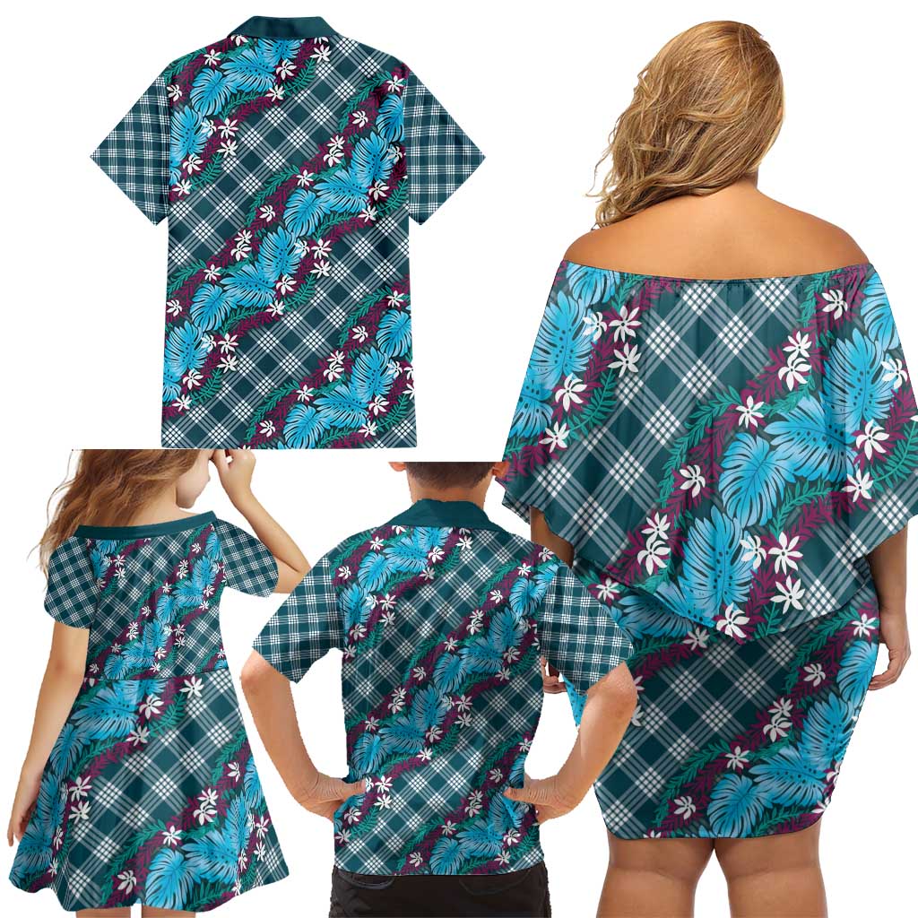 Polynesian Monstera Tiare Floral Family Matching Off Shoulder Short Dress and Hawaiian Shirt Dark Teal Tropical Plaid - Polynesian Pride