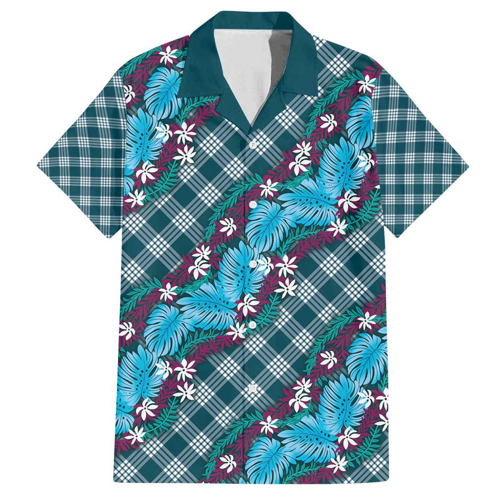 Polynesian Monstera Tiare Floral Family Matching Off Shoulder Short Dress and Hawaiian Shirt Dark Teal Tropical Plaid - Polynesian Pride