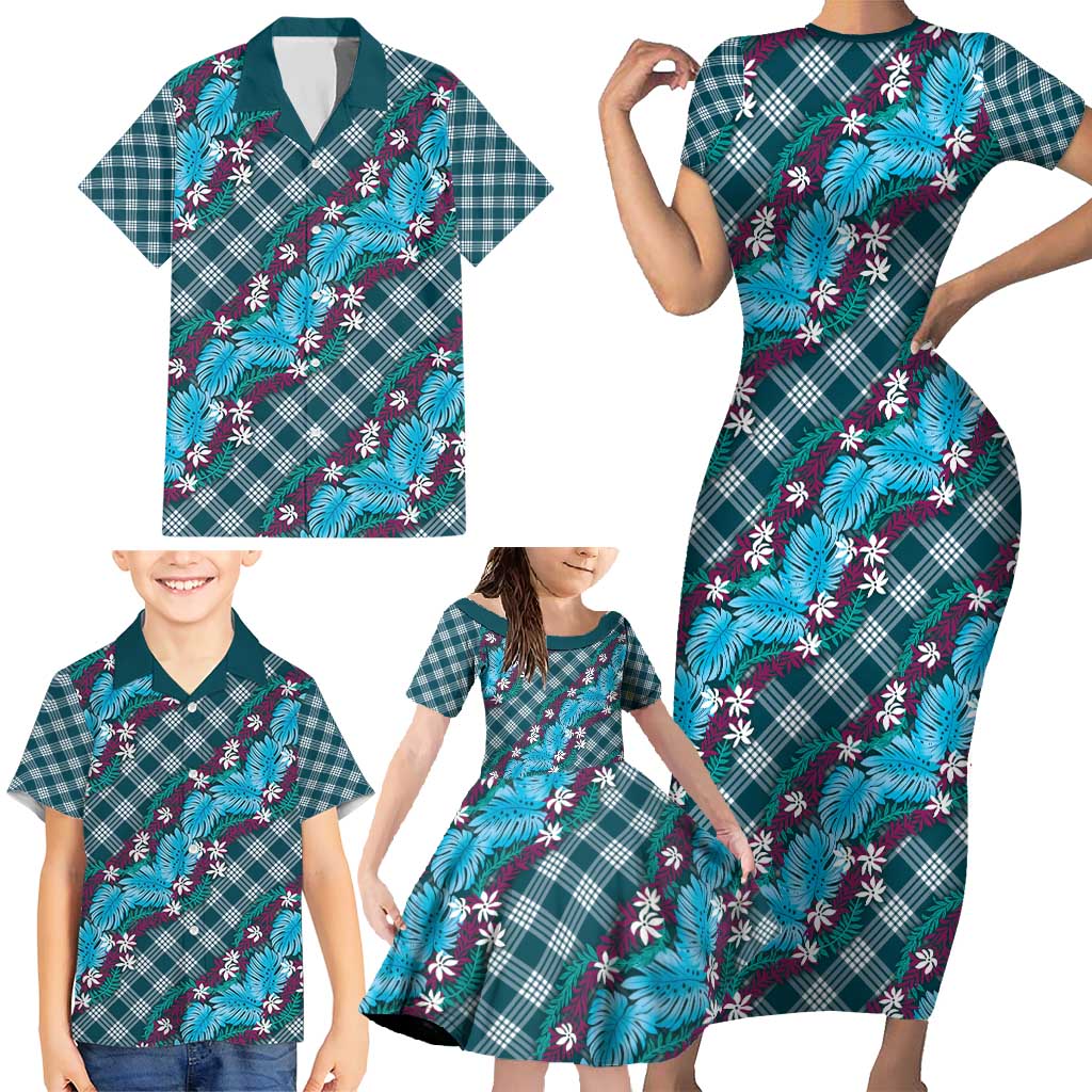 Polynesian Monstera Tiare Floral Family Matching Short Sleeve Bodycon Dress and Hawaiian Shirt Dark Teal Tropical Plaid - Polynesian Pride