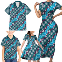 Polynesian Monstera Tiare Floral Family Matching Short Sleeve Bodycon Dress and Hawaiian Shirt Dark Teal Tropical Plaid - Polynesian Pride