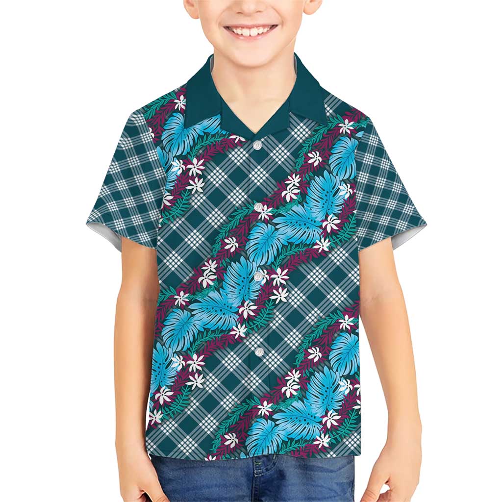 Polynesian Monstera Tiare Floral Family Matching Short Sleeve Bodycon Dress and Hawaiian Shirt Dark Teal Tropical Plaid - Polynesian Pride