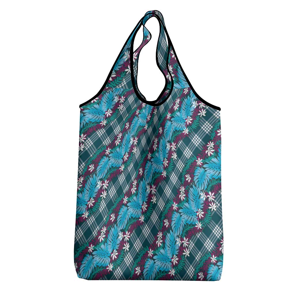 Polynesian Monstera Tiare Floral Grocery Bag Dark Teal Tropical Plaid - Polynesian Pride