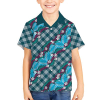 Polynesian Monstera Tiare Floral Hawaiian Shirt Dark Teal Tropical Plaid - Polynesian Pride