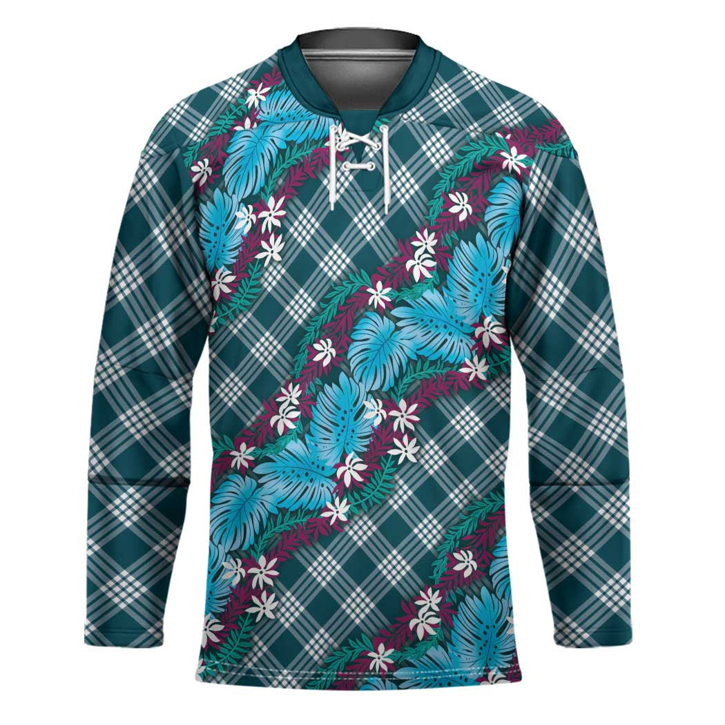 Polynesian Monstera Tiare Floral Hockey Jersey Dark Teal Tropical Plaid LT01 Unisex Teal - Polynesian Pride