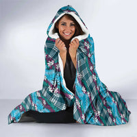 Polynesian Monstera Tiare Floral Hooded Blanket Dark Teal Tropical Plaid - Polynesian Pride