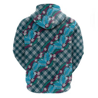 Polynesian Monstera Tiare Floral Hoodie Dark Teal Tropical Plaid - Polynesian Pride
