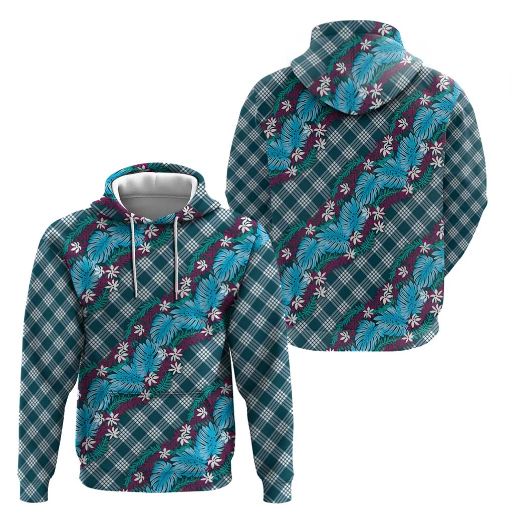 Polynesian Monstera Tiare Floral Hoodie Dark Teal Tropical Plaid - Polynesian Pride