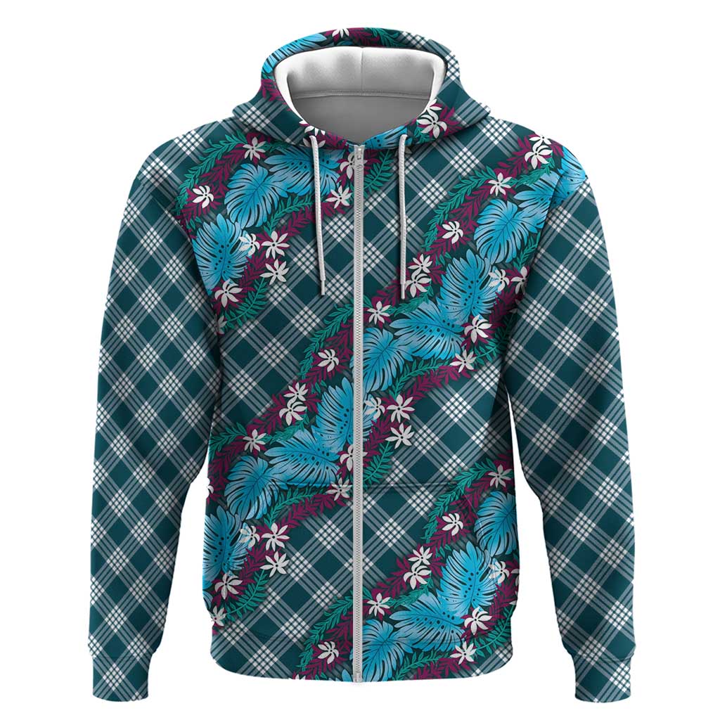 Polynesian Monstera Tiare Floral Hoodie Dark Teal Tropical Plaid - Polynesian Pride
