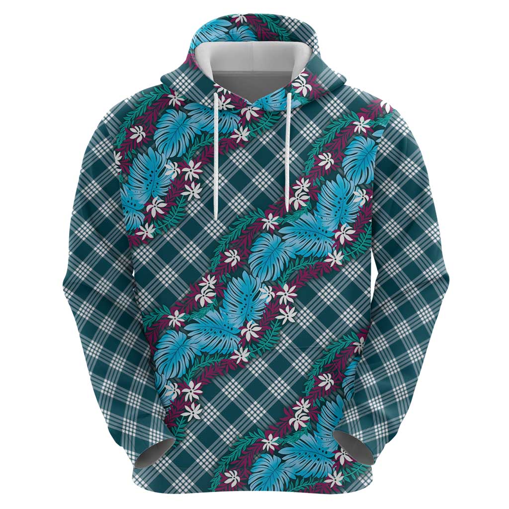 Polynesian Monstera Tiare Floral Hoodie Dark Teal Tropical Plaid - Polynesian Pride