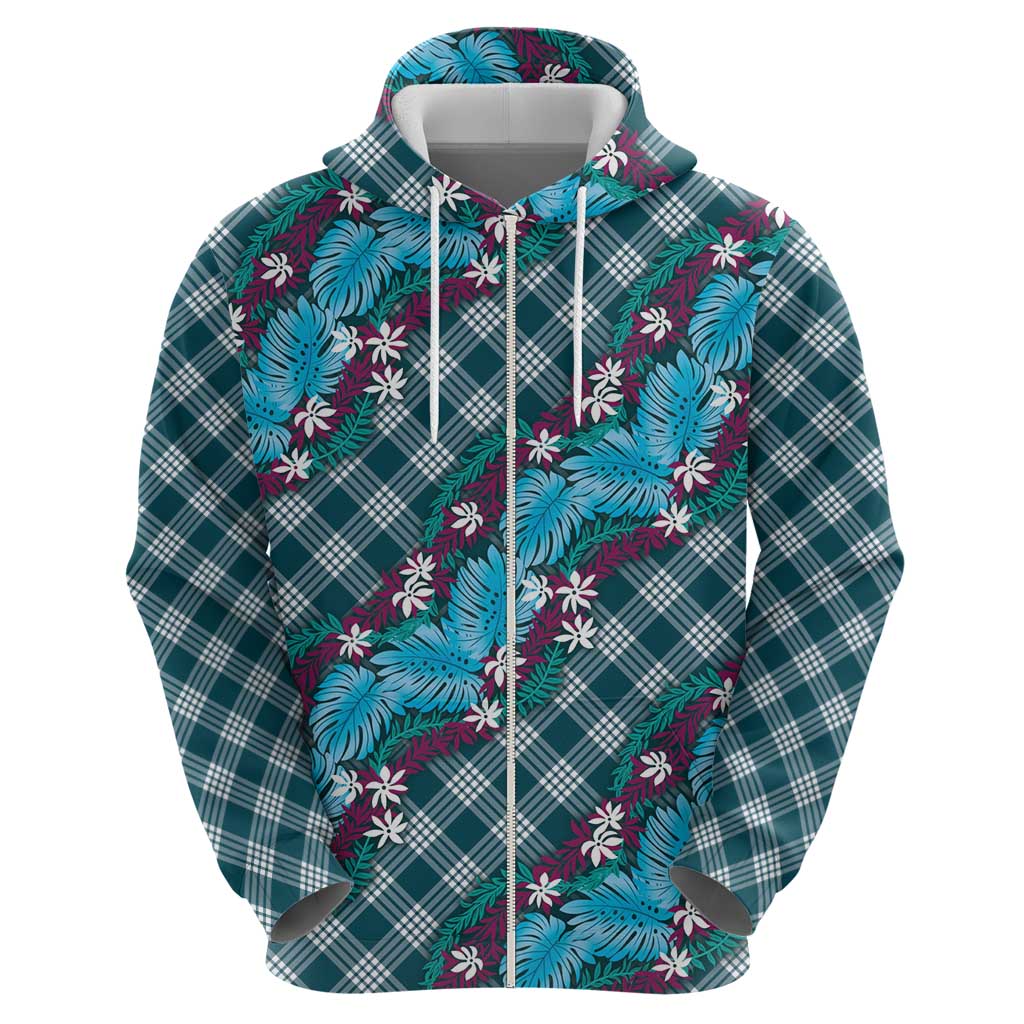 Polynesian Monstera Tiare Floral Hoodie Dark Teal Tropical Plaid - Polynesian Pride