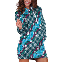Polynesian Monstera Tiare Floral Hoodie Dress Dark Teal Tropical Plaid - Polynesian Pride