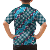 Polynesian Monstera Tiare Floral Kid Hawaiian Shirt Dark Teal Tropical Plaid - Polynesian Pride