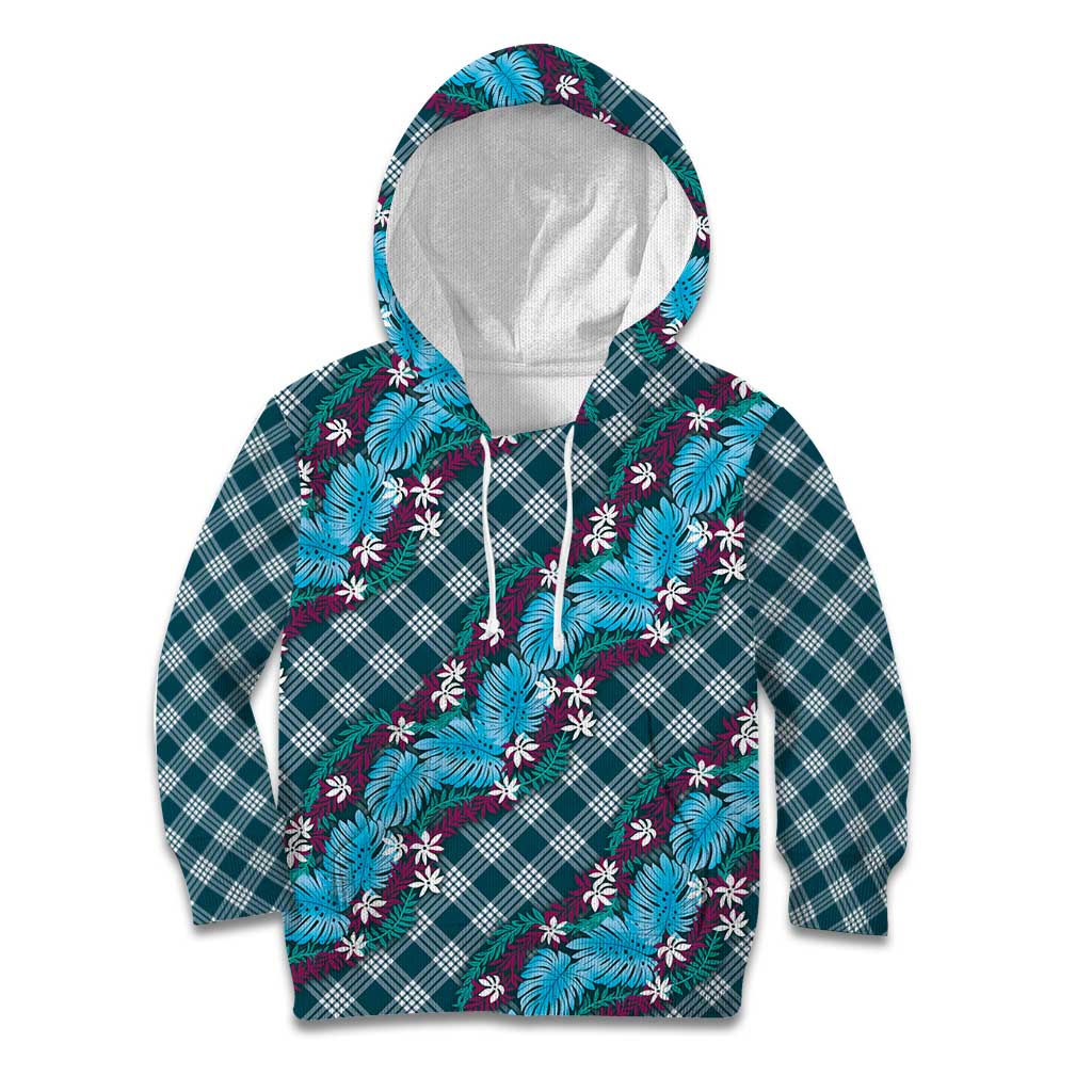 Polynesian Monstera Tiare Floral Kid Hoodie Dark Teal Tropical Plaid LT01 Hoodie Teal - Polynesian Pride