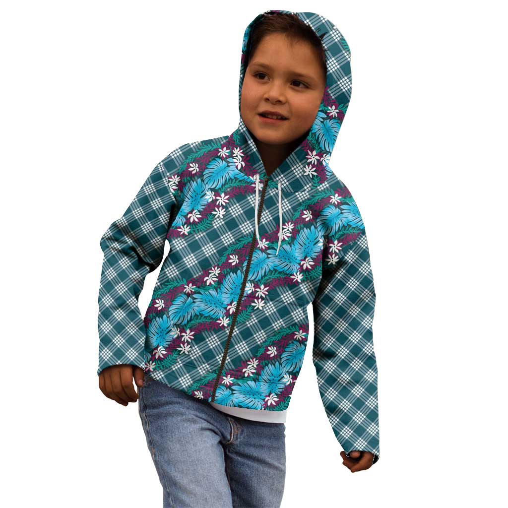 Polynesian Monstera Tiare Floral Kid Hoodie Dark Teal Tropical Plaid - Polynesian Pride