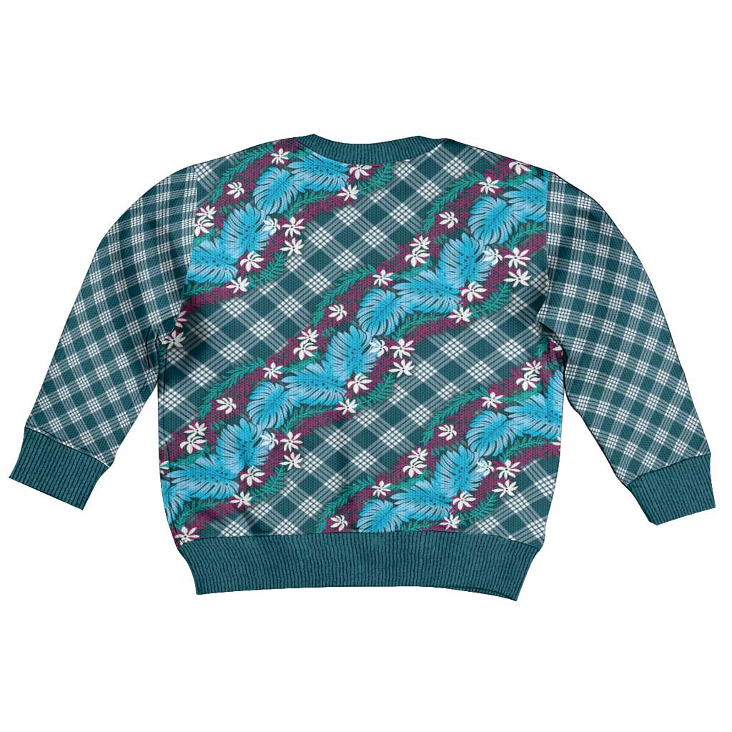 Polynesian Monstera Tiare Floral Kid Ugly Christmas Sweater Dark Teal Tropical Plaid - Polynesian Pride
