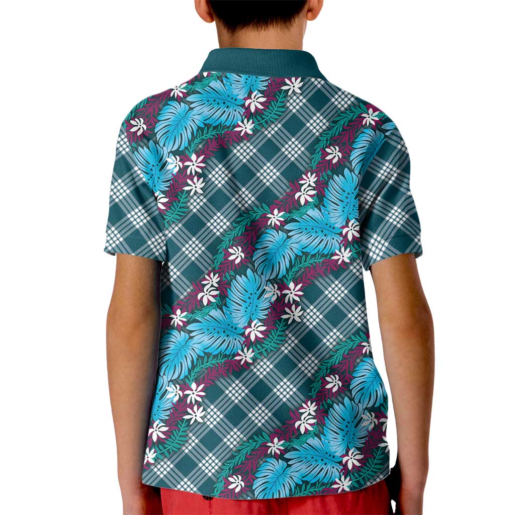 Polynesian Monstera Tiare Floral Kid Polo Shirt Dark Teal Tropical Plaid - Polynesian Pride
