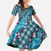 Polynesian Monstera Tiare Floral Kid Short Sleeve Dress Dark Teal Tropical Plaid - Polynesian Pride