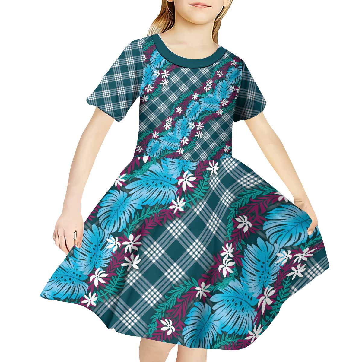 Polynesian Monstera Tiare Floral Kid Short Sleeve Dress Dark Teal Tropical Plaid - Polynesian Pride