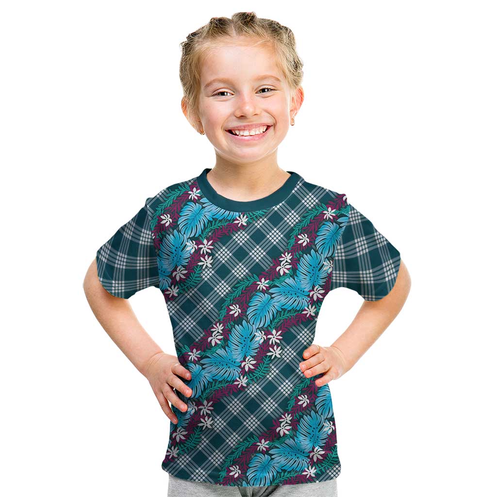 Polynesian Monstera Tiare Floral Kid T Shirt Dark Teal Tropical Plaid LT01 Teal - Polynesian Pride